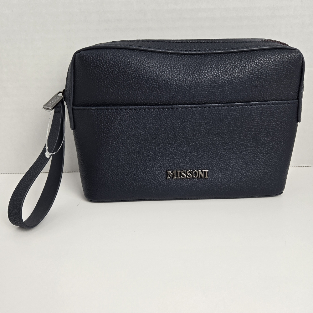 Missoni Navy Blue Pebbled Travel Cosmetic Zippered Pouch Wristlet Bag
